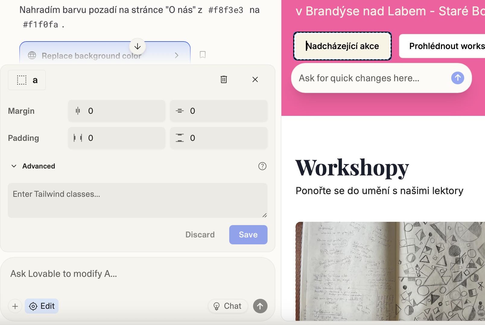 Editace prvku v Lovable